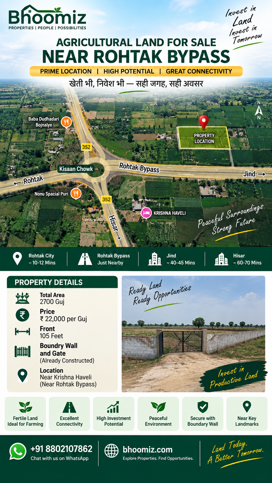 2700 Gaj Agricultural Land for Sale Near Rohtak Bypass | 105 Ft Frontage